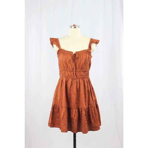 GAP Flutter Sleeve Cinch Waist Copper Beach Brown Cotton Mini Dress, Size S - Picture 3 of 13